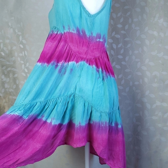 Blu Moon Revolve Tie Dye Mini Dress XS Teal Magenta Rayon Boho Festival - Picture 9 of 14